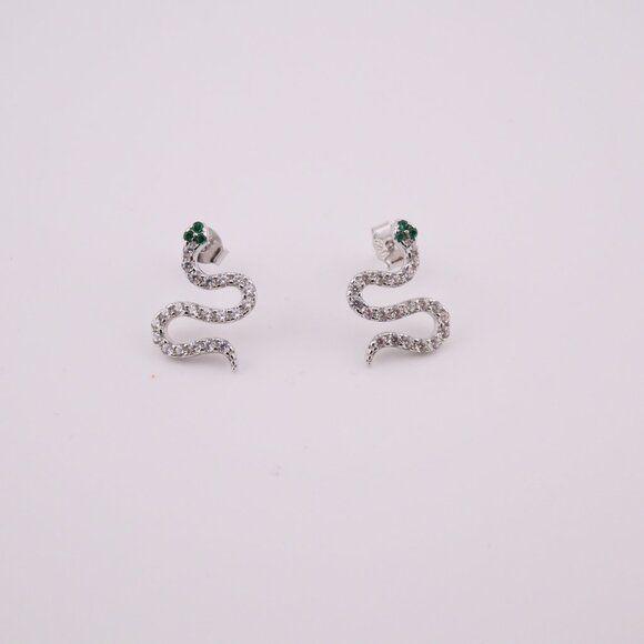 Women's Sterling Silver Snake Stud Earrings – CZ & Green Eyes Fashion Jewelry ** - Picture 5 of 11